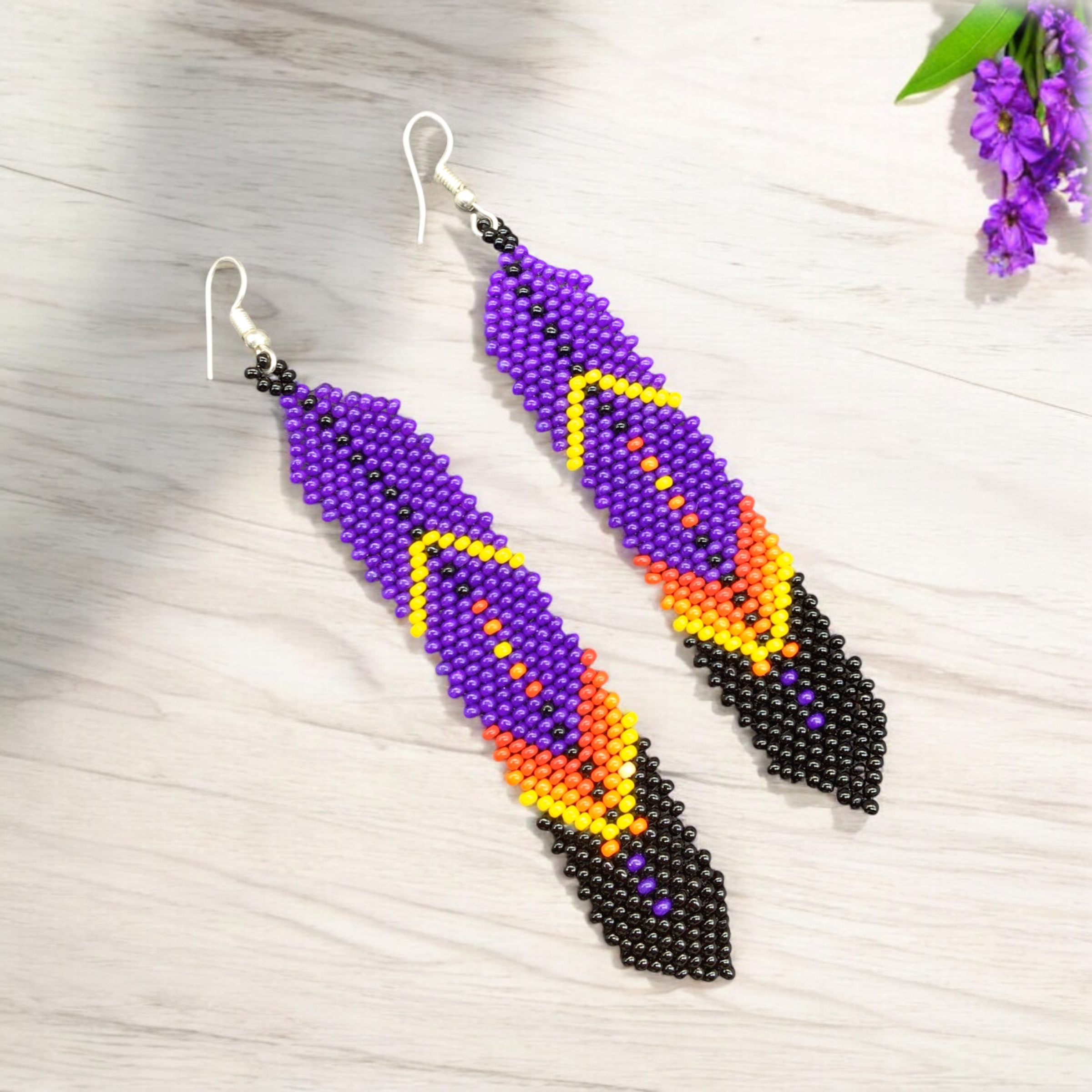 4.5 inches long Beaded Feather Earrings