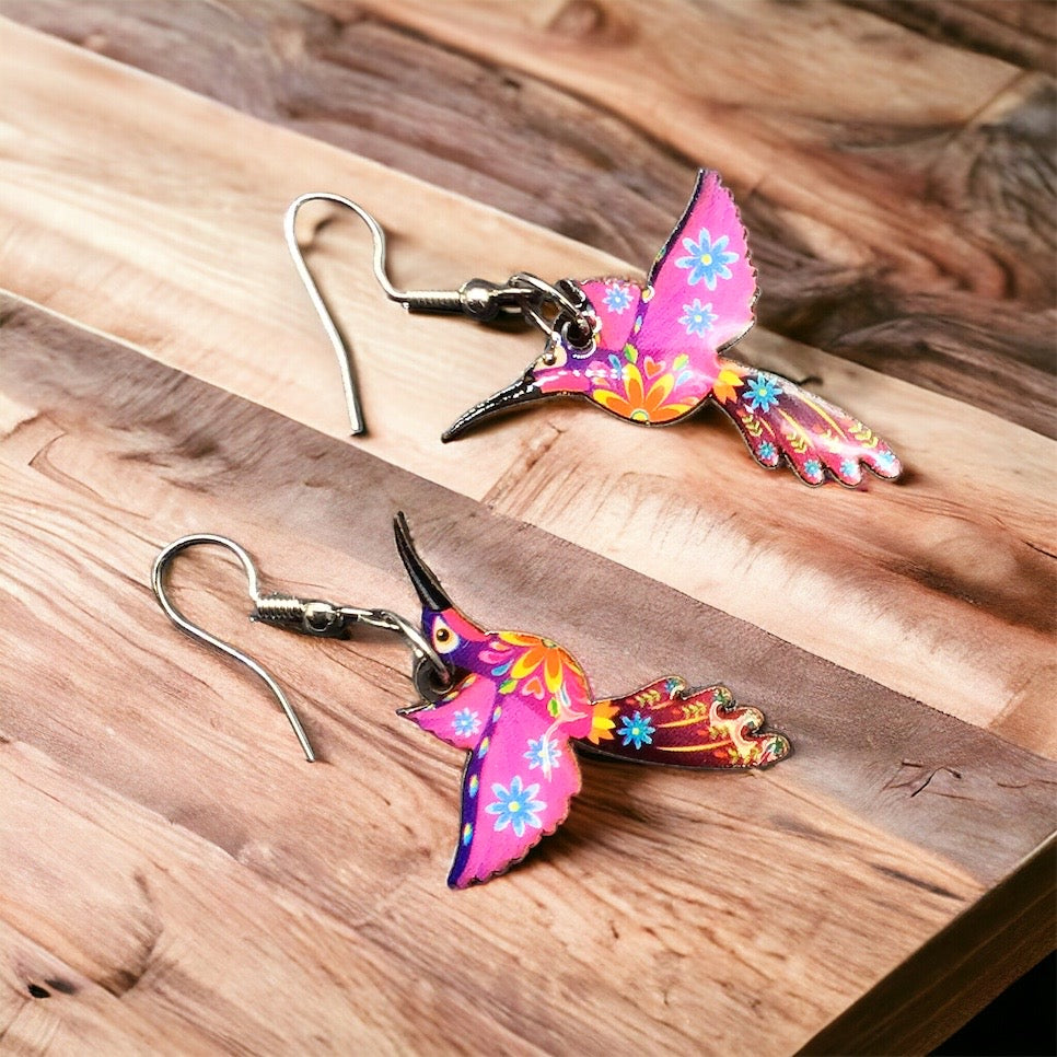 OLDTRIBES™ Painted Pink and Red Bird Earrings