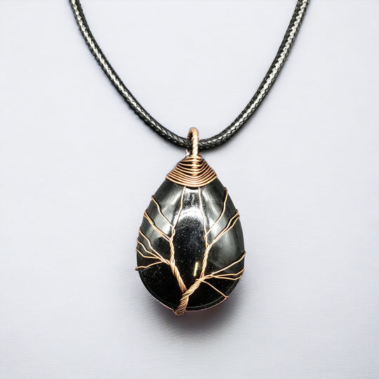 Black Gemstone Pendant Wrapped w/ Gold Tree of Life