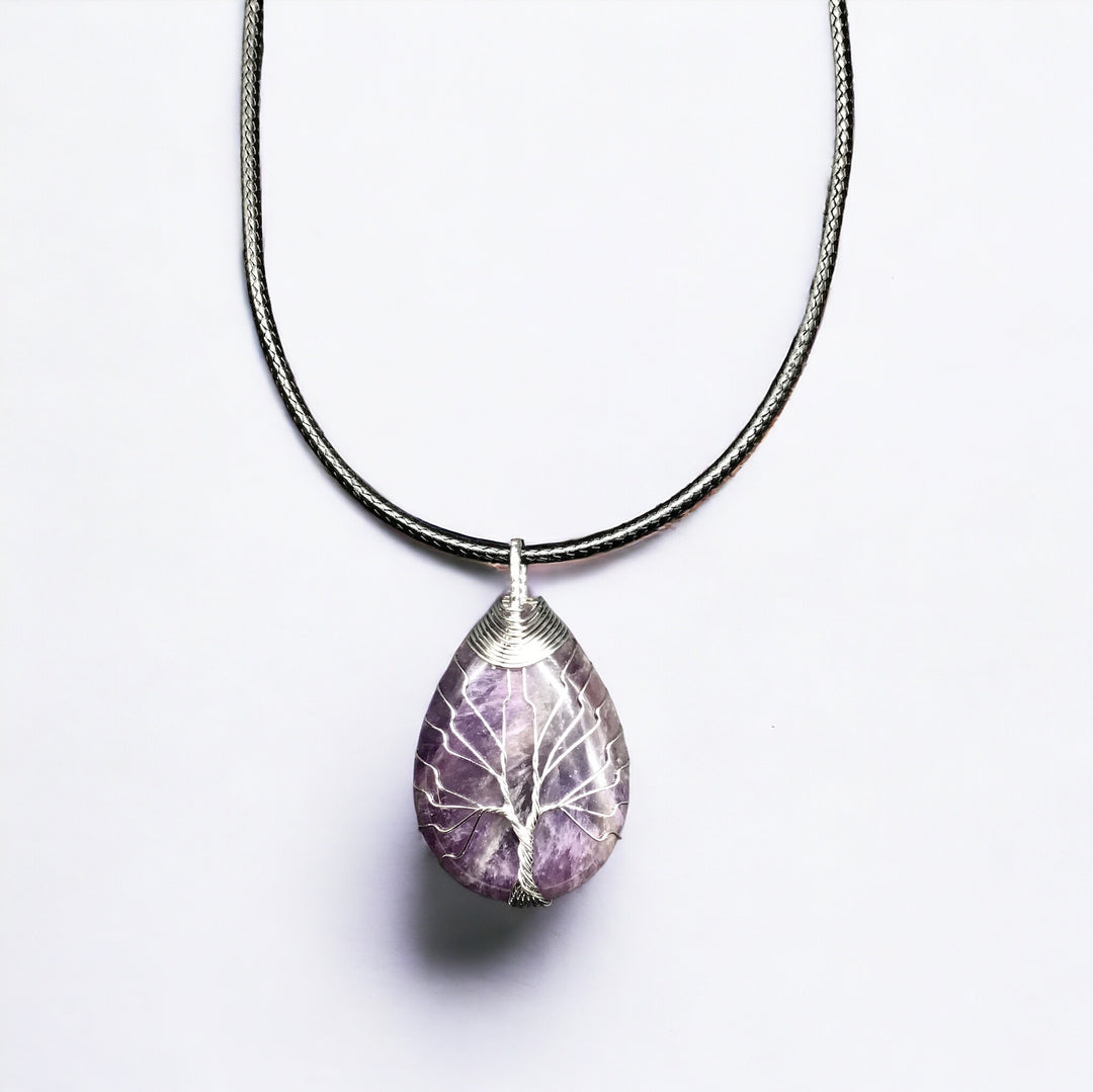 Purple Gemstone Pendant Wrapped w/ Silver Tree of Life