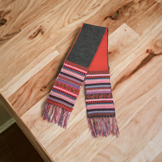 Red and Greyish Black Handmade Reversible Alpaca Scarf