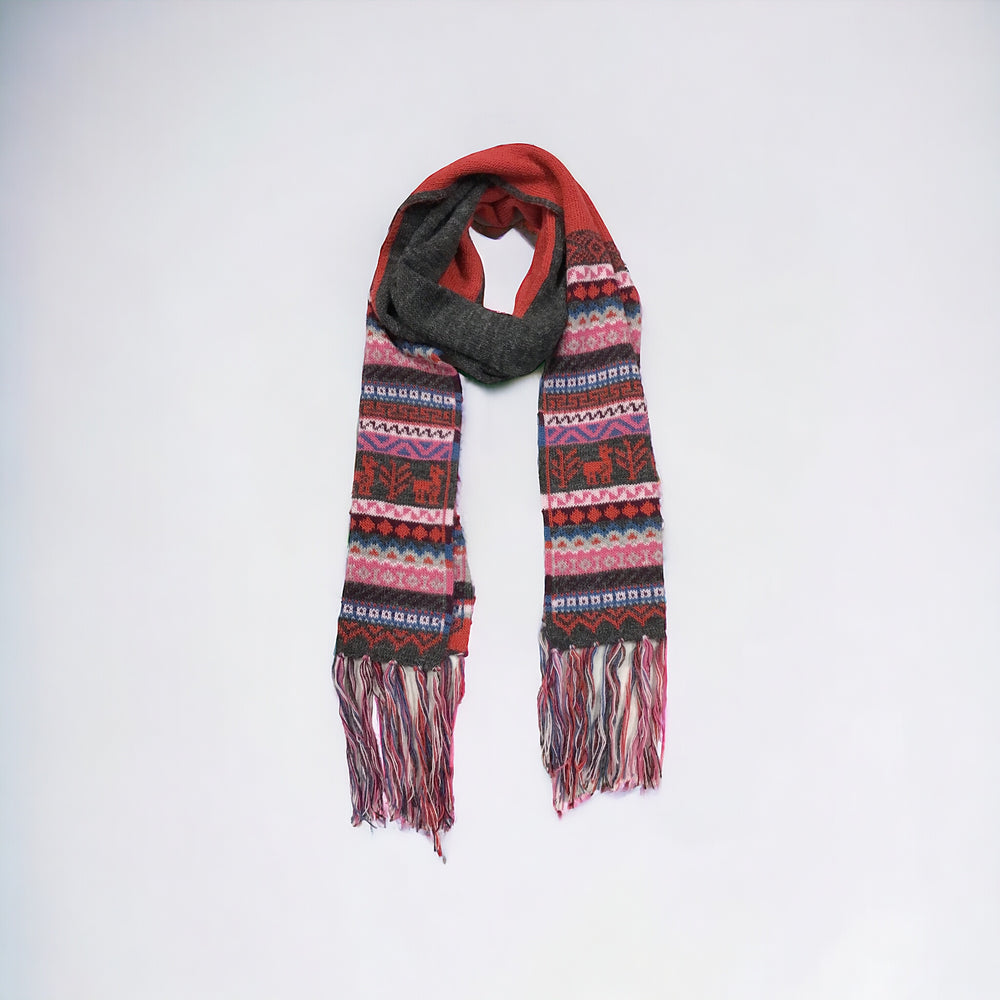 Red and Greyish Black Handmade Reversible Alpaca Scarf