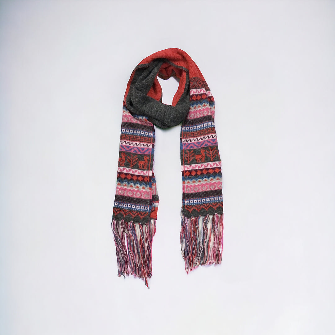 Red and Greyish Black Handmade Reversible Alpaca Scarf