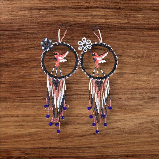 Black and dark pink Native Beaded Hummingbird