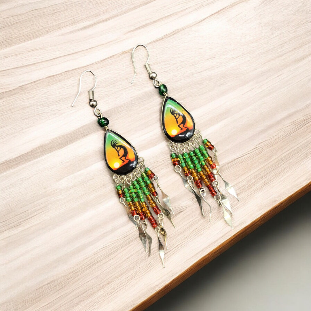 OldTribes™ Small Sized Southwestern Green and Yellow Teardrop Earrings