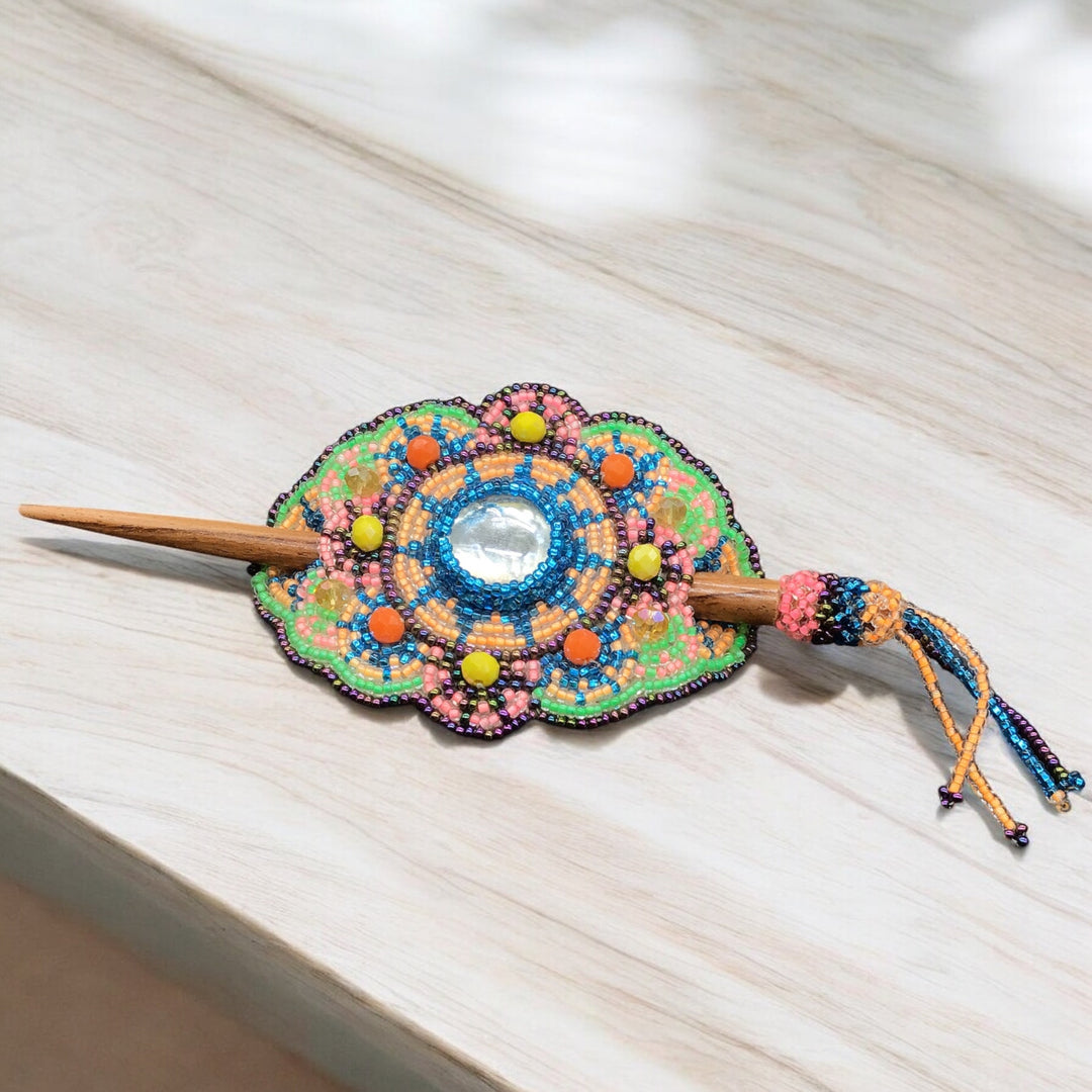 Indigenous style Barrette Blue W/ light orange (26)