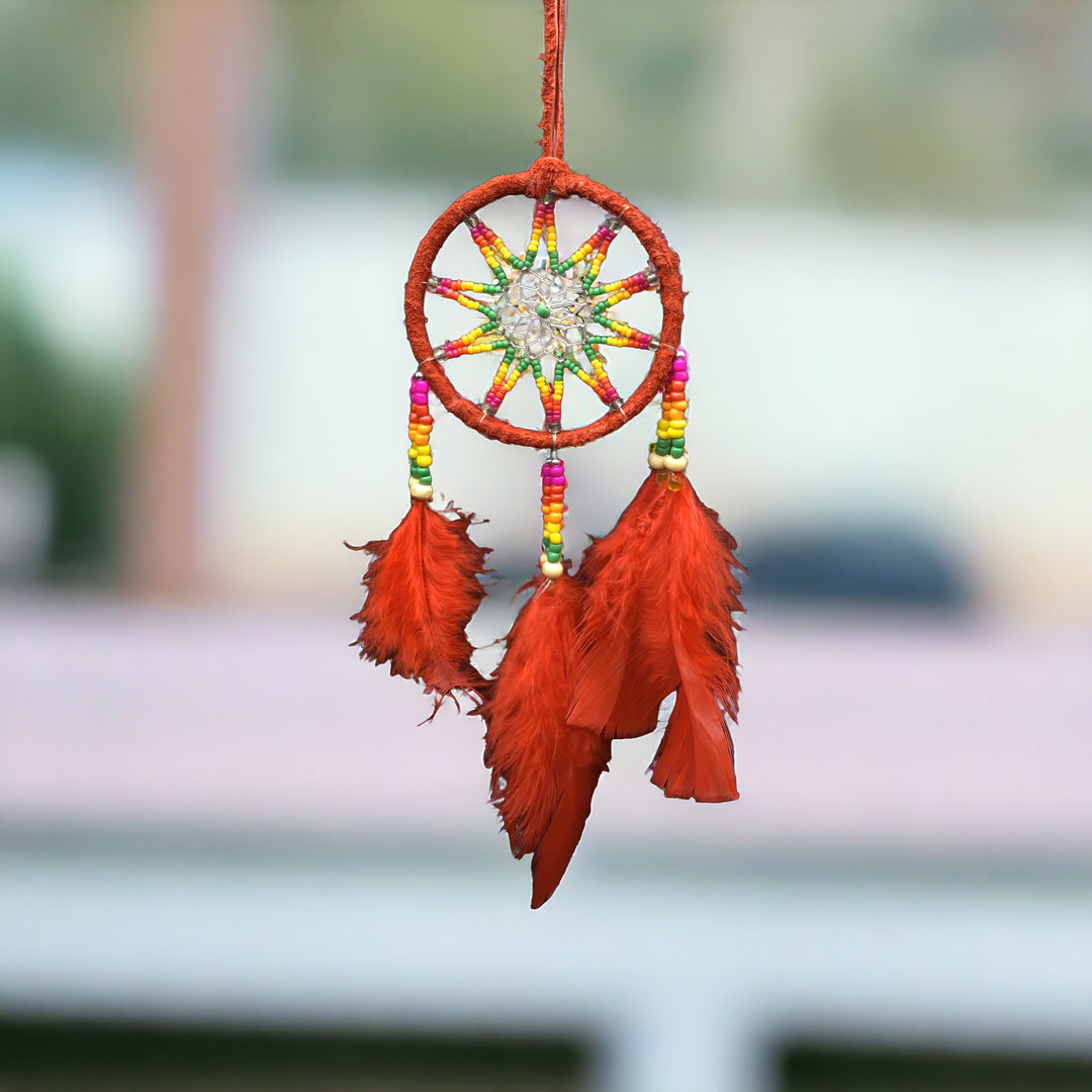 Handmade Beaded Brown and Yellow Dreamcatcher with White Feathers