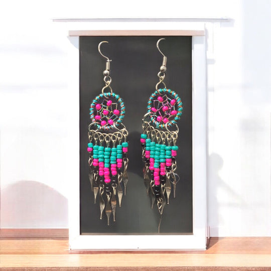 OLDTRIBES™ Pink and Turquoise beaded dream catcher earrings