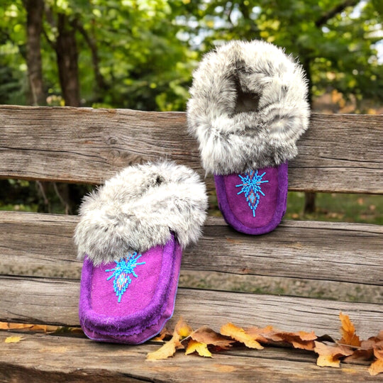 Purple Moccasins with Blue Beadwork (Size 8)