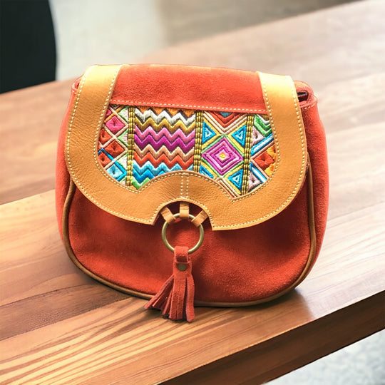 Red Leather Embroidery Crossbody Purse