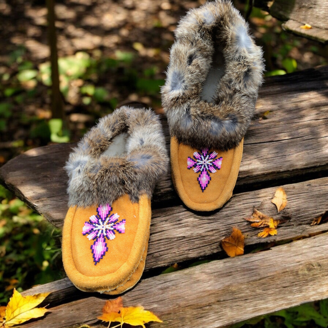 Yellow Moccasins with Purple Beadwork (Size 10)