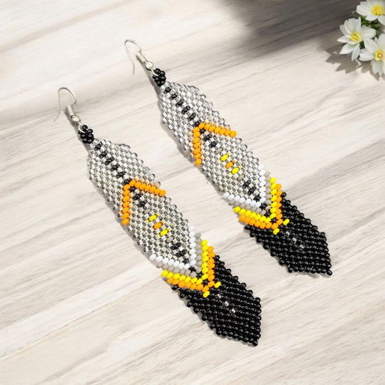 Silver Beaded Feather Earrings