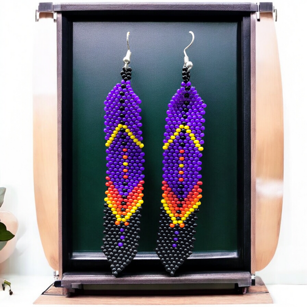 Purple Beaded Feather Earrings