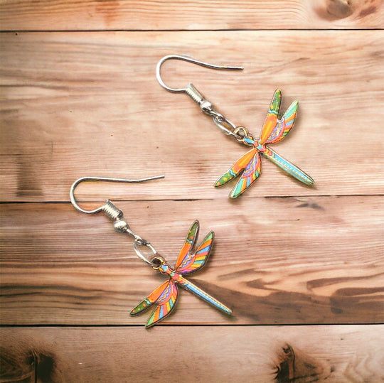 OLDTRIBES™ Painted Orange and Green Dragonfly Earrings