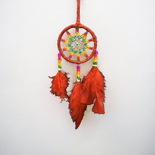 Handmade Beaded Brown and Yellow Dreamcatcher with White Feathers