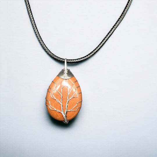 Orange Gemstone Pendant Wrapped w/ Silver Tree of Life