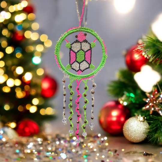 Beaded Turtle Ornament GREEN PINK