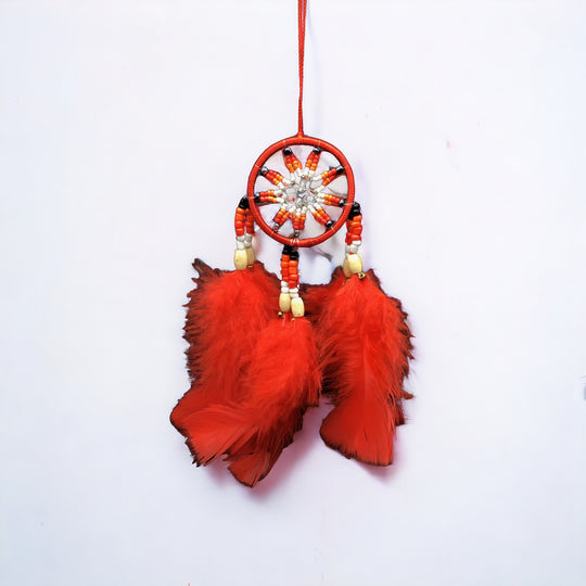 Small Handmade Red Dreamcatcher with Red Feathers