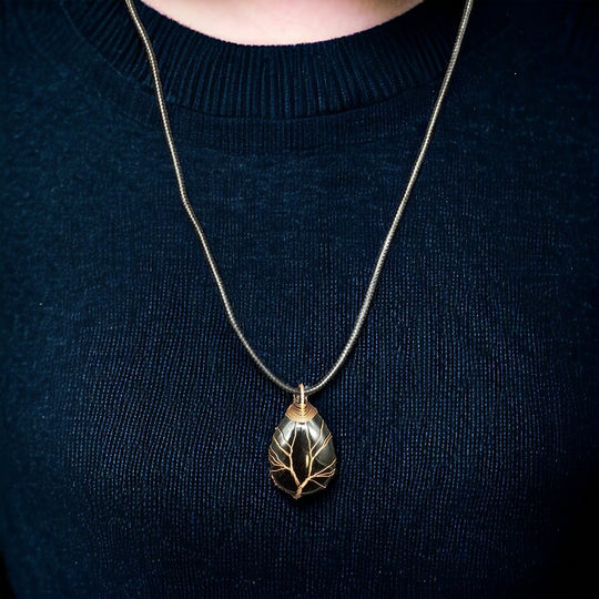 Black Gemstone Pendant Wrapped w/ Gold Tree of Life