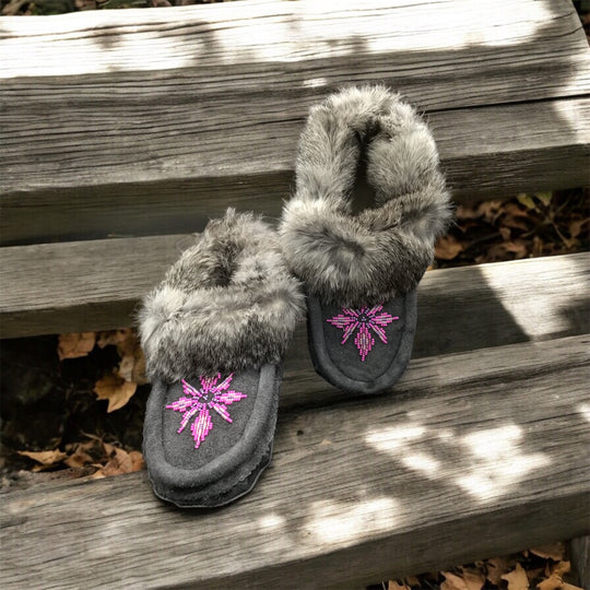 Grey Moccasins with Pink Beadwork (Size 6)