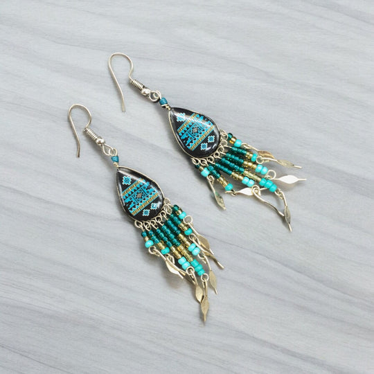 OldTribes™ Small Sized Southwestern Green and Black Teardrop Earrings