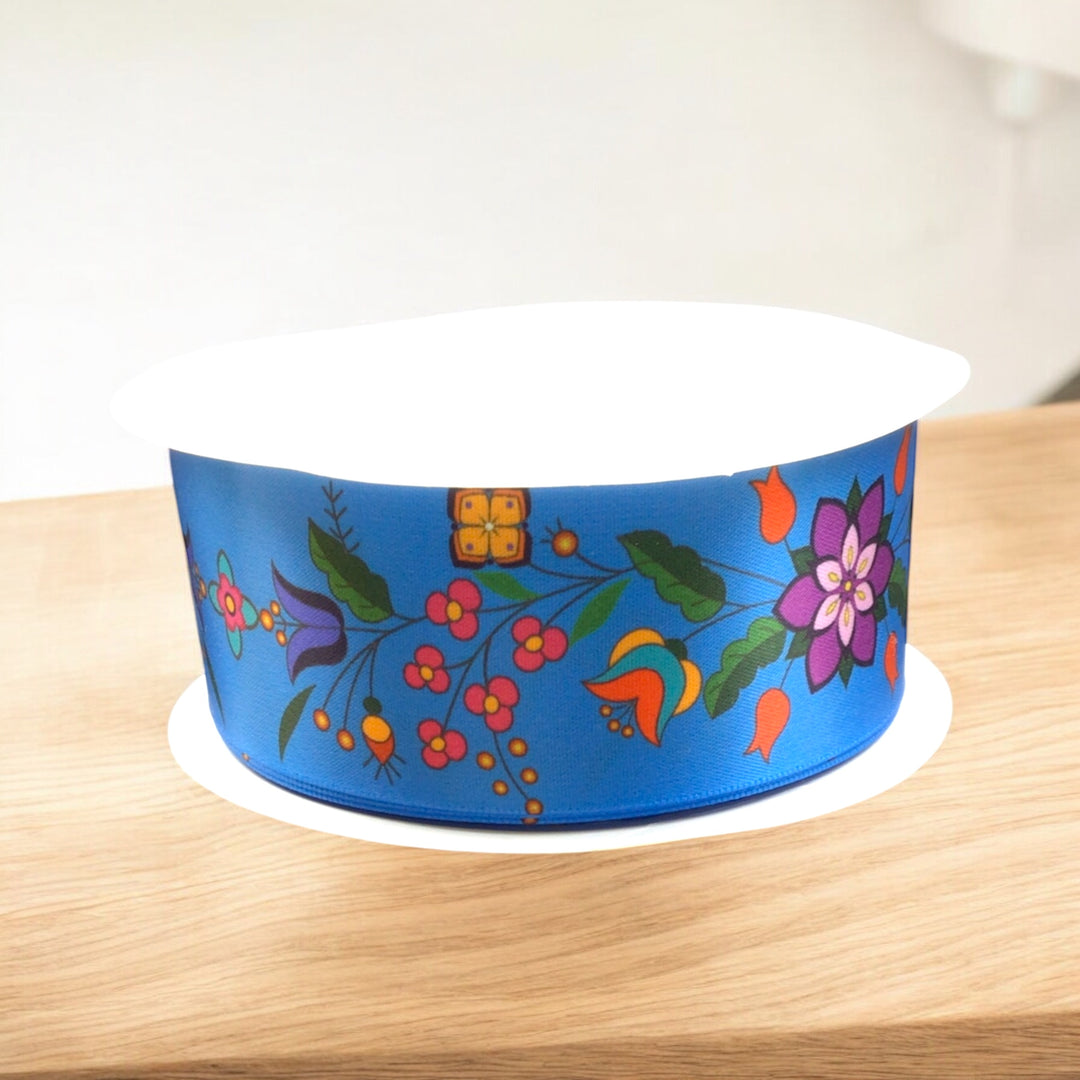 Blue Double Face Floral Ribbon Roll