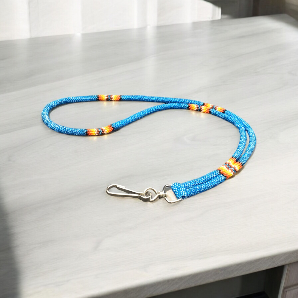 Neon Blue Native American Style Beaded Rope Lanyard (19 Inches)