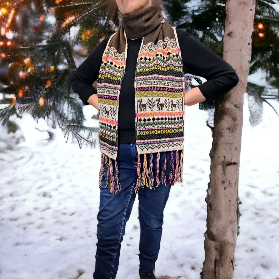 Brown and Beige Handmade Reversible Alpaca Scarf