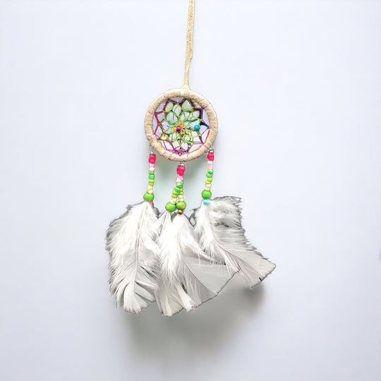 Small Handmade White Dreamcatcher with White Feathers