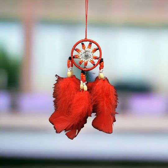 Small Handmade Red Dreamcatcher with Red Feathers