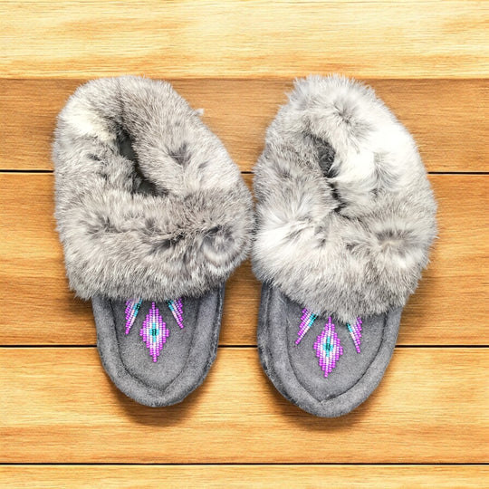 Grey Moccasins with Purple Beadwork (Size 6)