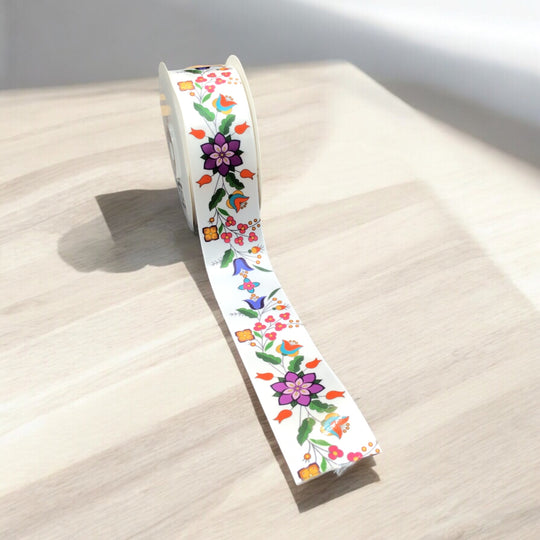 White Double Face Floral Ribbon Roll