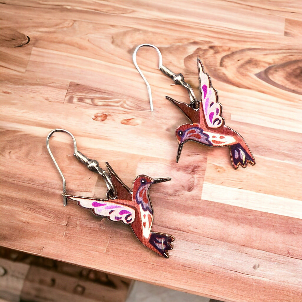 OLDTRIBES™ Painted Maroon and Pink Bird Earrings