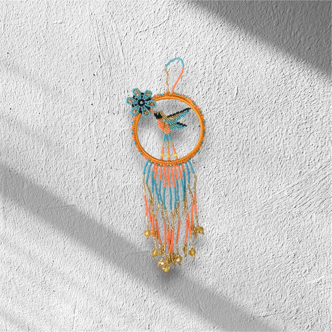 Orange with  turquoise Native Beaded Hummingbird