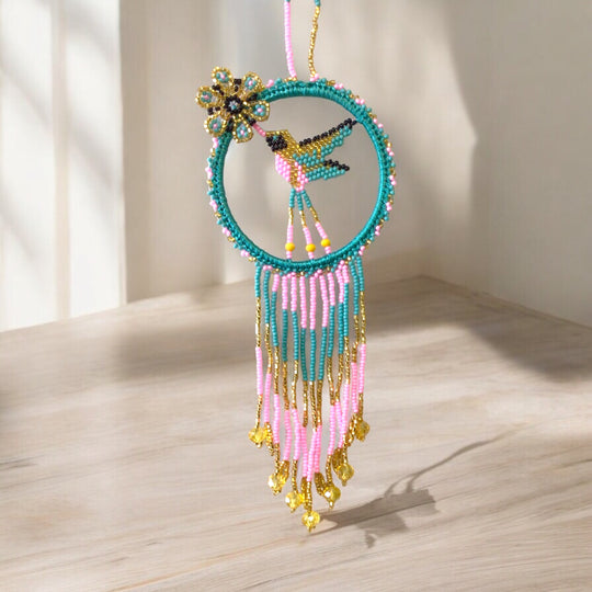 Turquoise and Pink Native Beaded Hummingbird