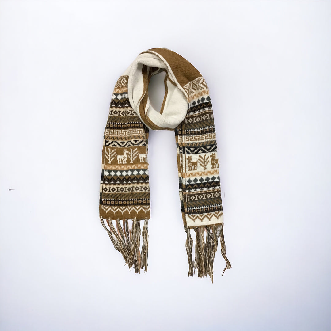 Beige and White Handmade Reversible Alpaca Scarf