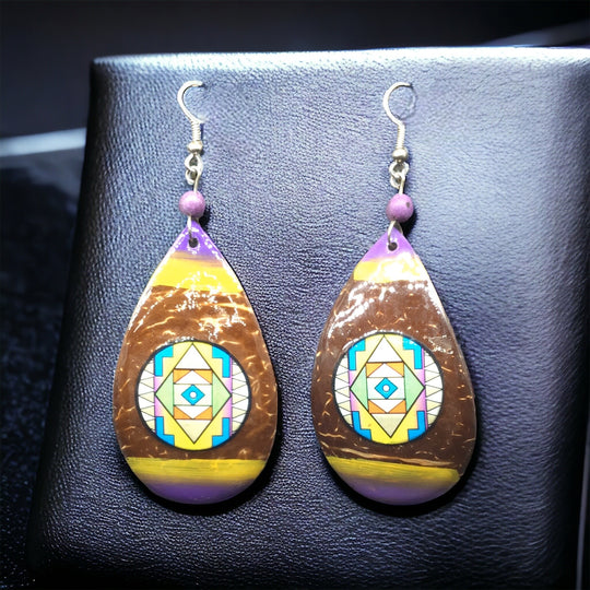 OLDTRIBES™ Wood Painted Yellow and Purple Round Earrings