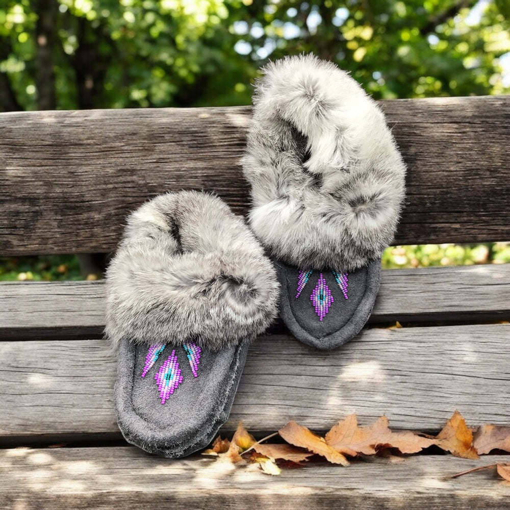 Grey Moccasins with Purple Beadwork (Size 6)