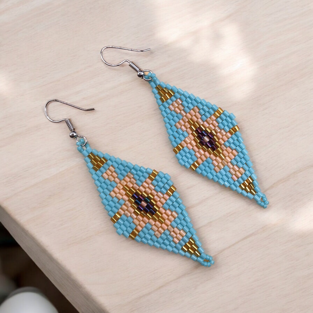 Turquoise and Yellow Miyuki Glass Beaded Earrings