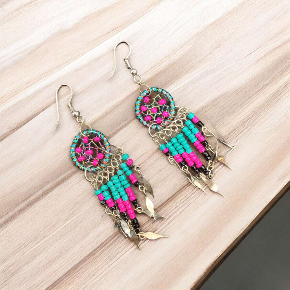 OLDTRIBES™ Pink and Turquoise beaded dream catcher earrings