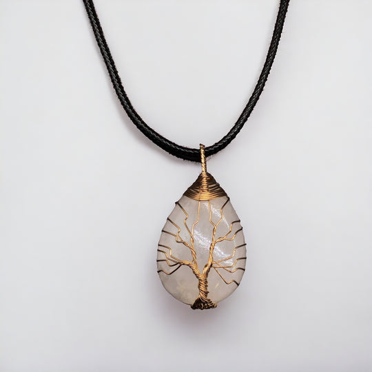 White Gemstone Pendant Wrapped w/ Gold Tree of Life