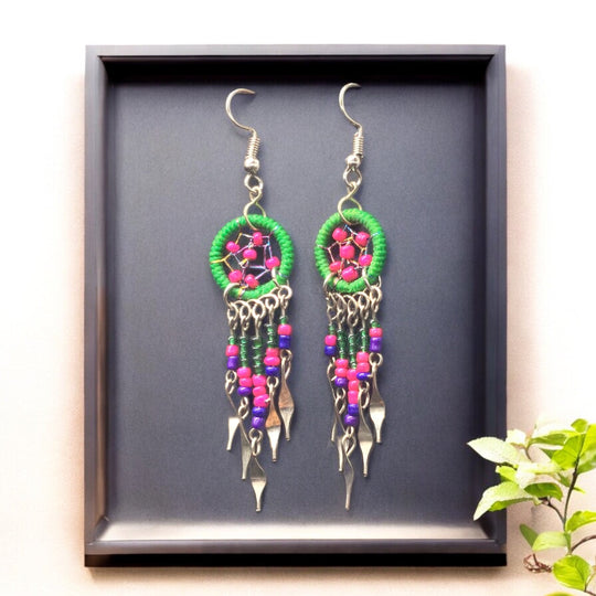 OLDTRIBES™ Pink and Green beaded dream catcher earrings