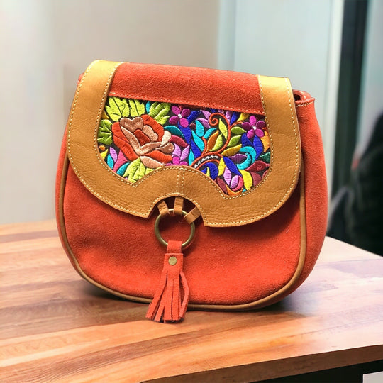 Red Leather Embroidery Crossbody Purse