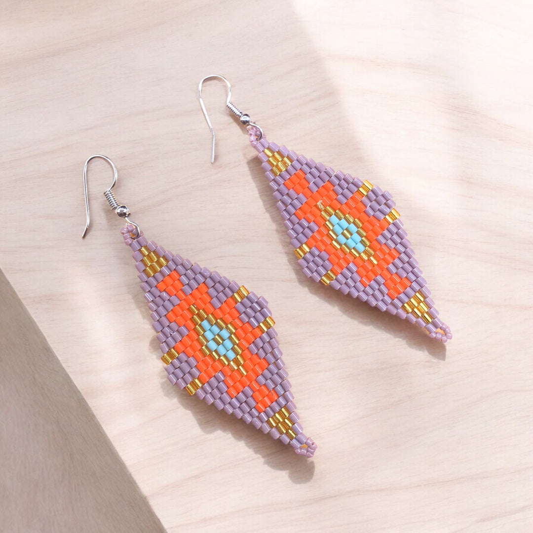 Greyish Purple and Red Miyuki Glass Beaded Earrings