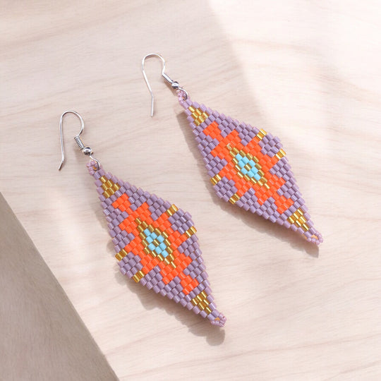 Greyish Purple and Red Miyuki Glass Beaded Earrings