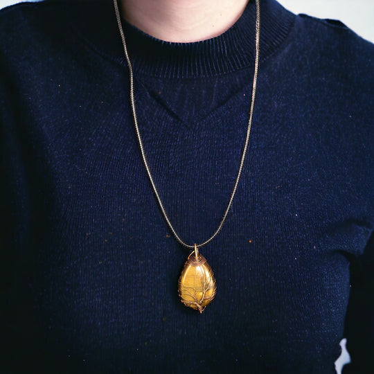 Brown Gemstone Pendant Wrapped w/ Gold Tree of Life