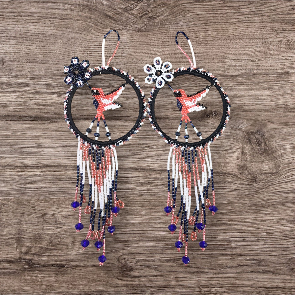 Black and dark pink Native Beaded Hummingbird