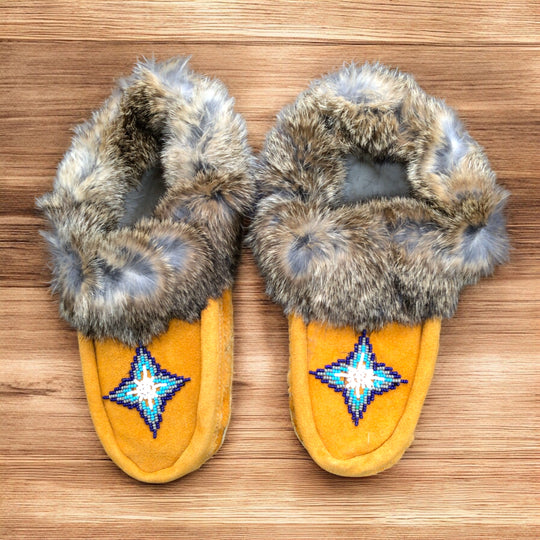 Yellow Moccasins with Blue Beadwork (Size 7)