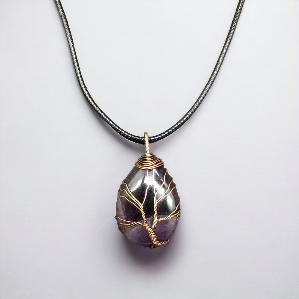 Purple Gemstone Pendant Wrapped w/ Copper Tree of Life