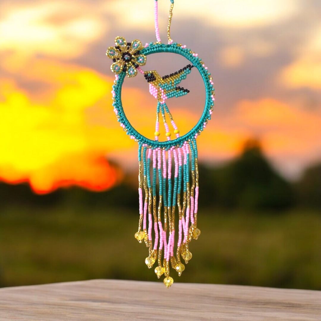 Turquoise and Pink Native Beaded Hummingbird